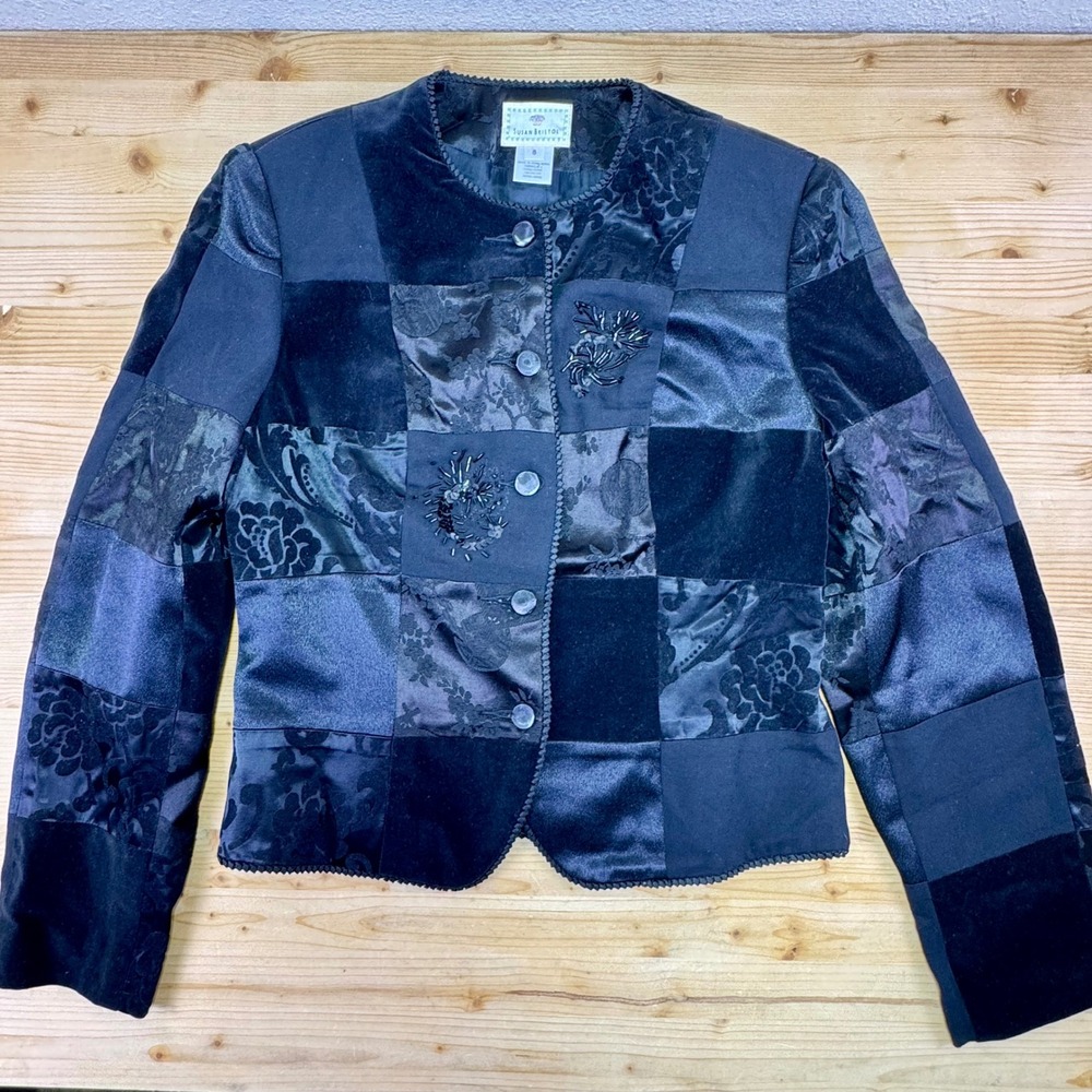 Susan Bristol Patchwork Velvet Jacket Black Gray Size 8 Beaded Floral Vintage